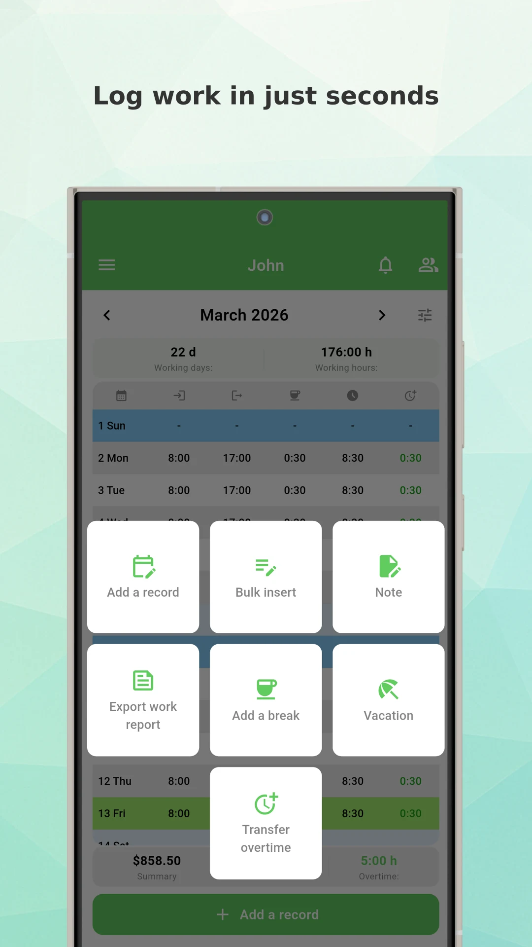 Working Timer - Timesheet screenshot