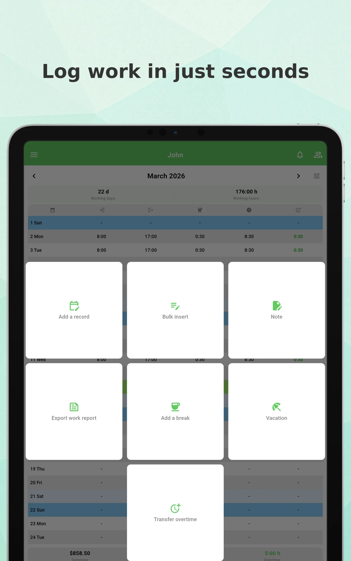 Working Timer - Timesheet screenshot