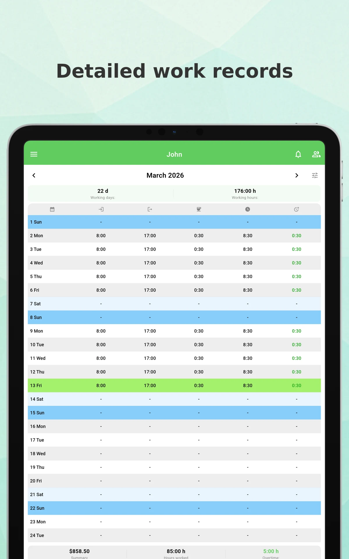 Working Timer - Timesheet screenshot
