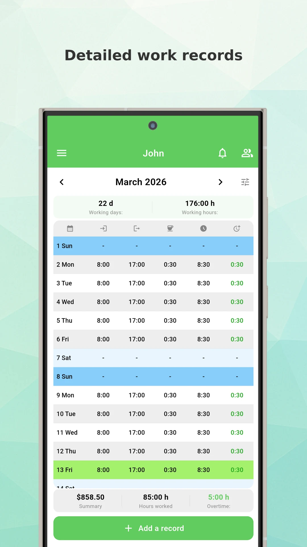 Working Timer - Timesheet screenshot